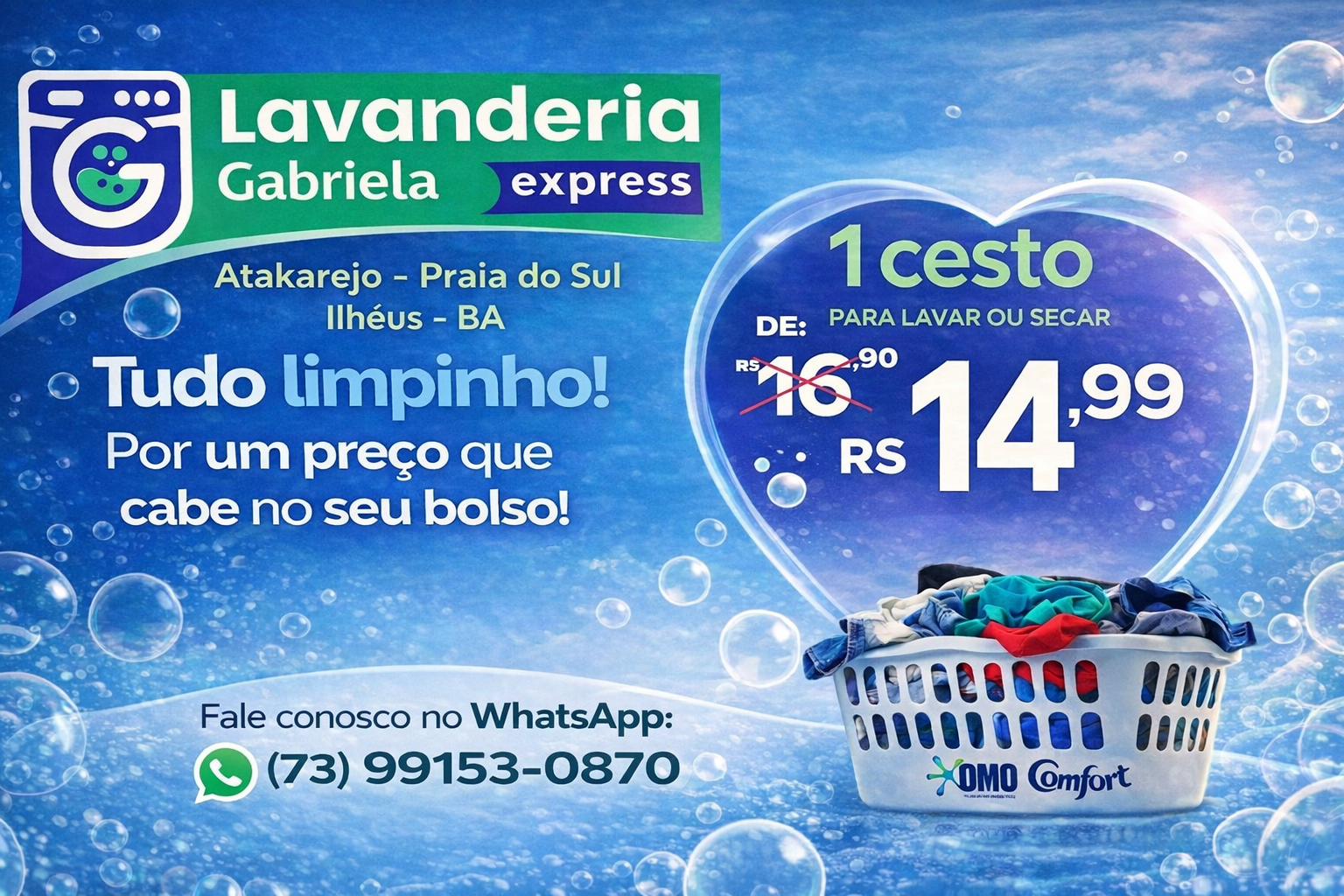 Banner Lavanderia Gabriela - Tudo limpinho por um preço que cabe no seu bolso